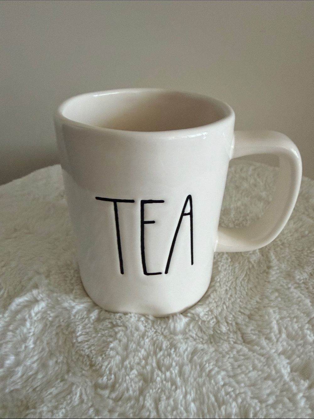 Rae Dunn White Tea Mug with Black Lettering